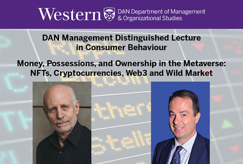 Russell Belk and Douglas Cummings, in front of background depicting cryptocurrency investing